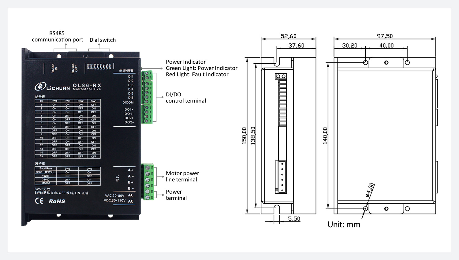 OL86-RX RS485 open-loop stepper driver